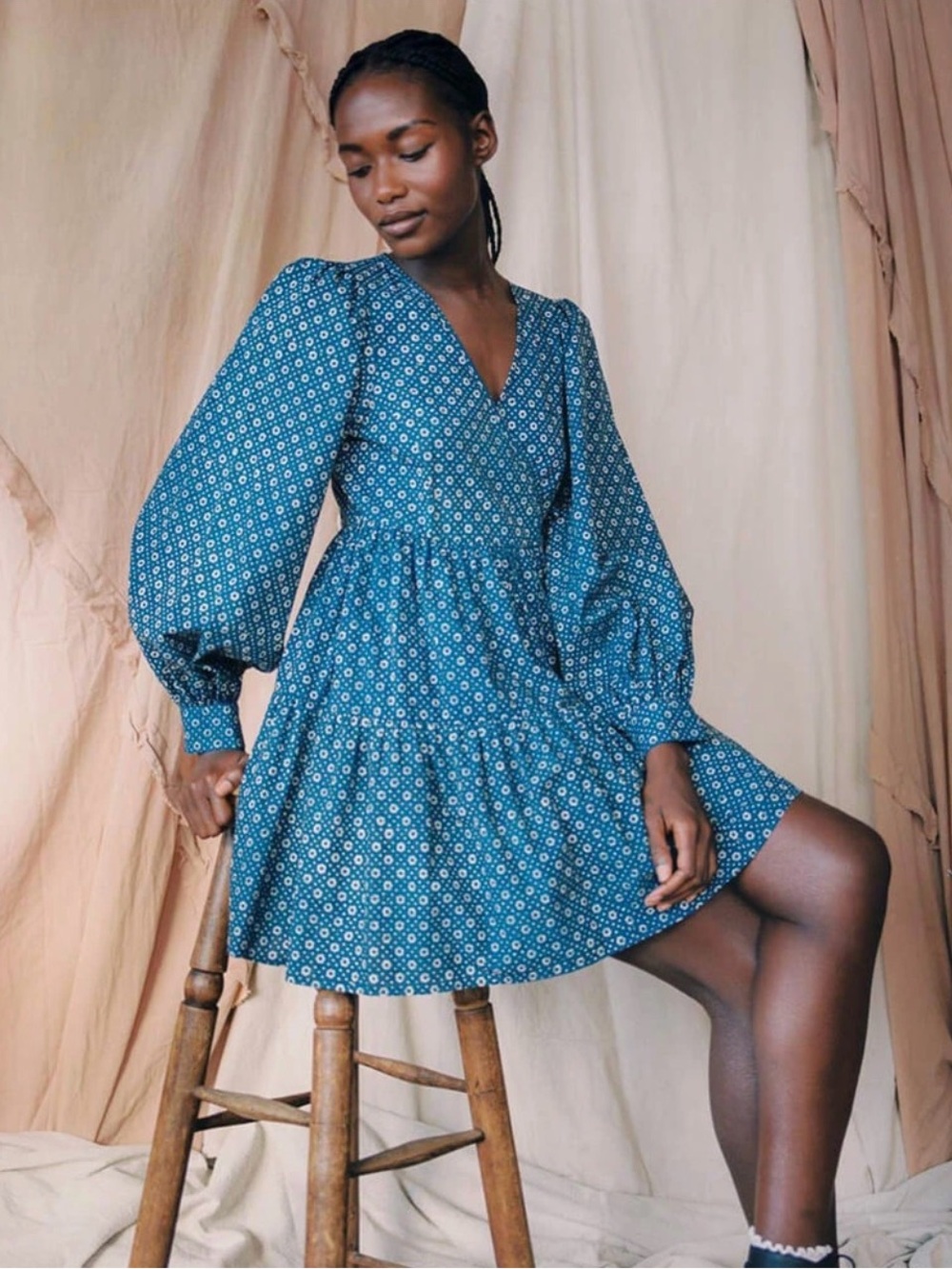 Christy Dawn Liana Teal Blue Floral wrap Dress XS